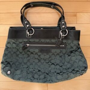 Coach large green signature purse leather trim